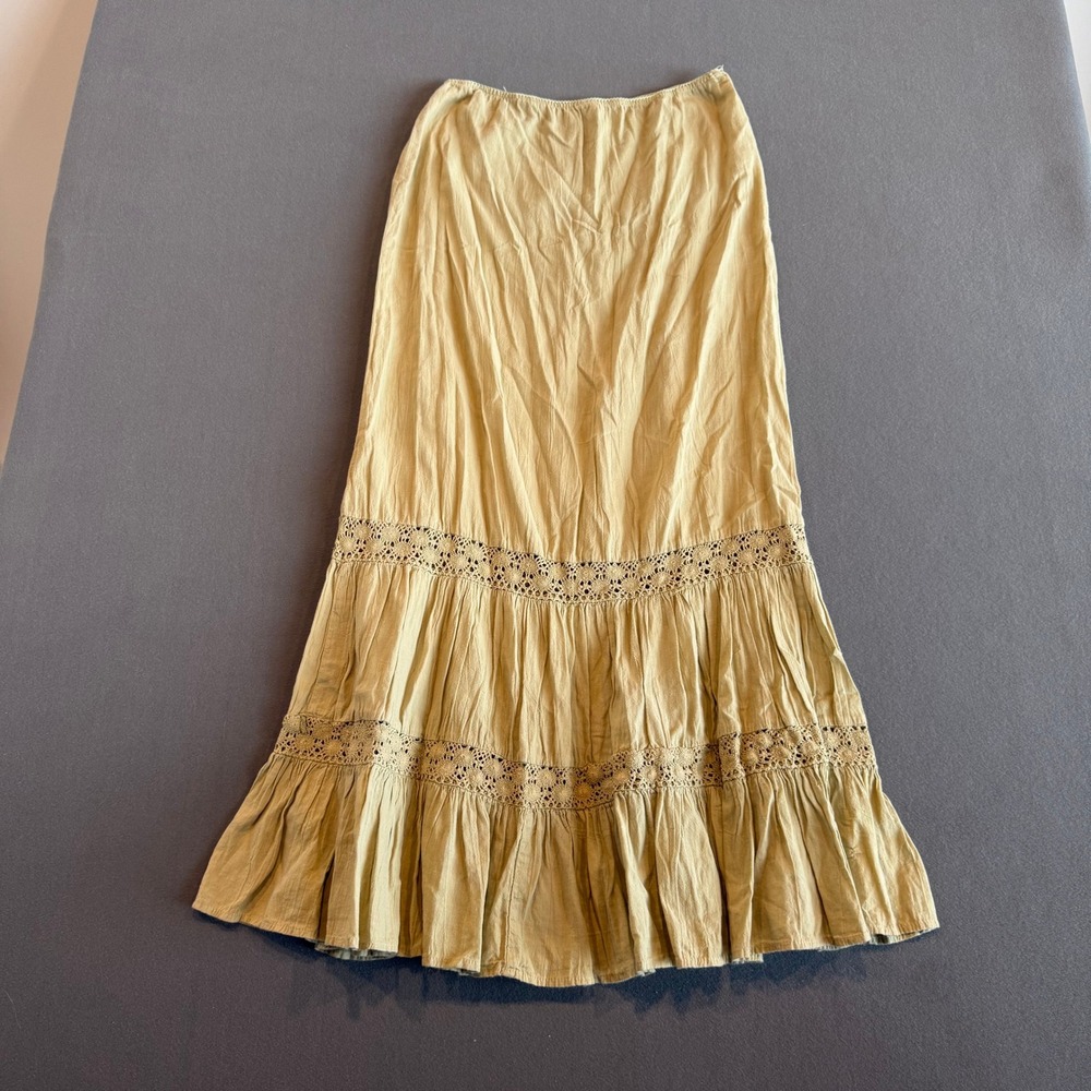 Boho Crochet Lace Tiered Maxi Skirt Women's M Pale Green
